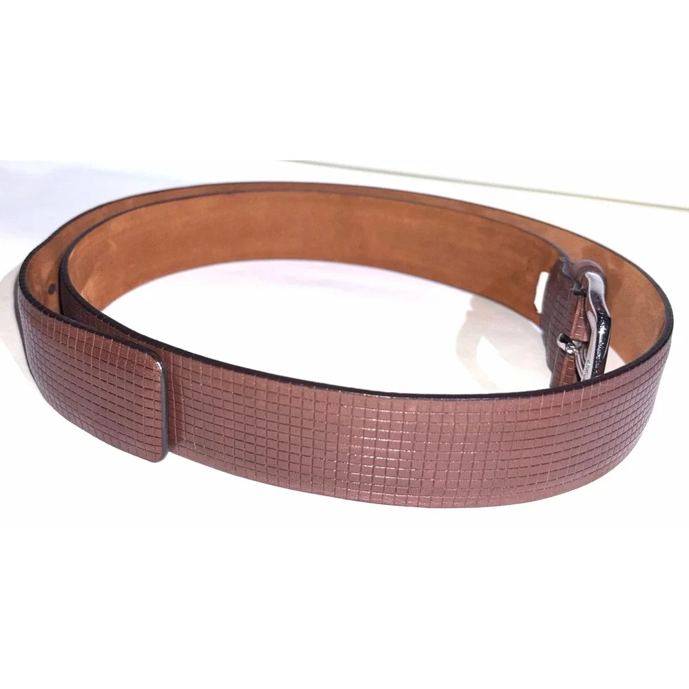 Cole Haan A34759 Grid Textured Brown Leather Silver Buckle Belt Size 34 85